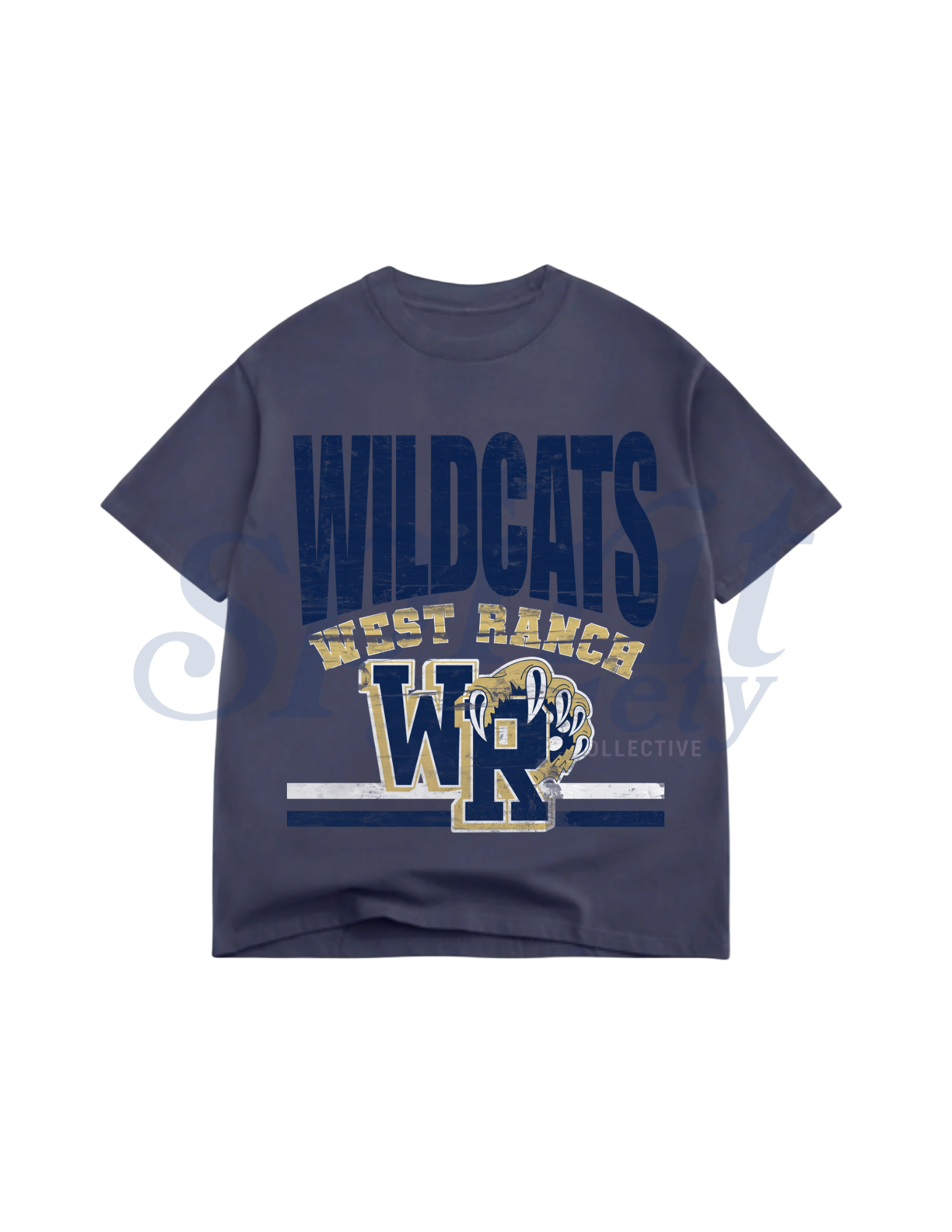 Navy blue t-shirt with 'Wildcats' and 'West Ranch' text on a white background