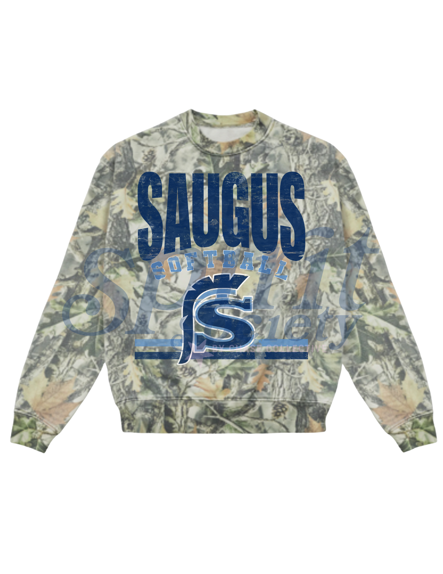Camouflage sweatshirt with 'Saugus' and logo on a white background