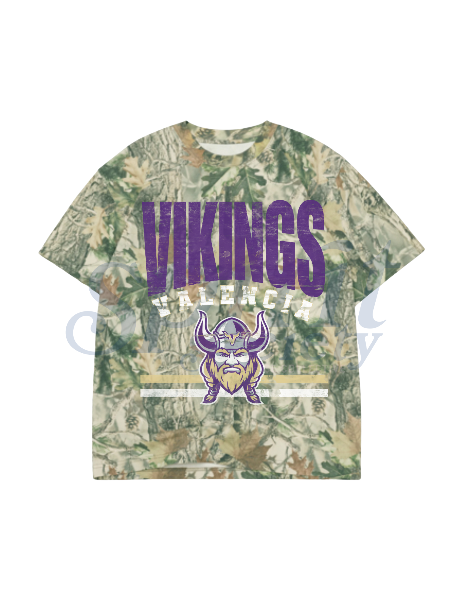 Camouflage t-shirt with 'Vikings' text and logo on a white background