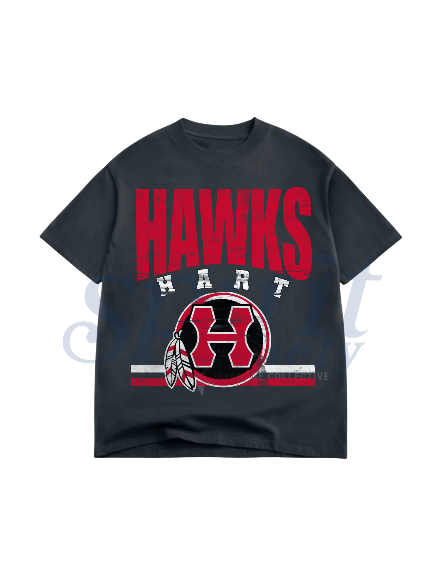 Black t-shirt with red and white 'Hawks Hart' design on a white background