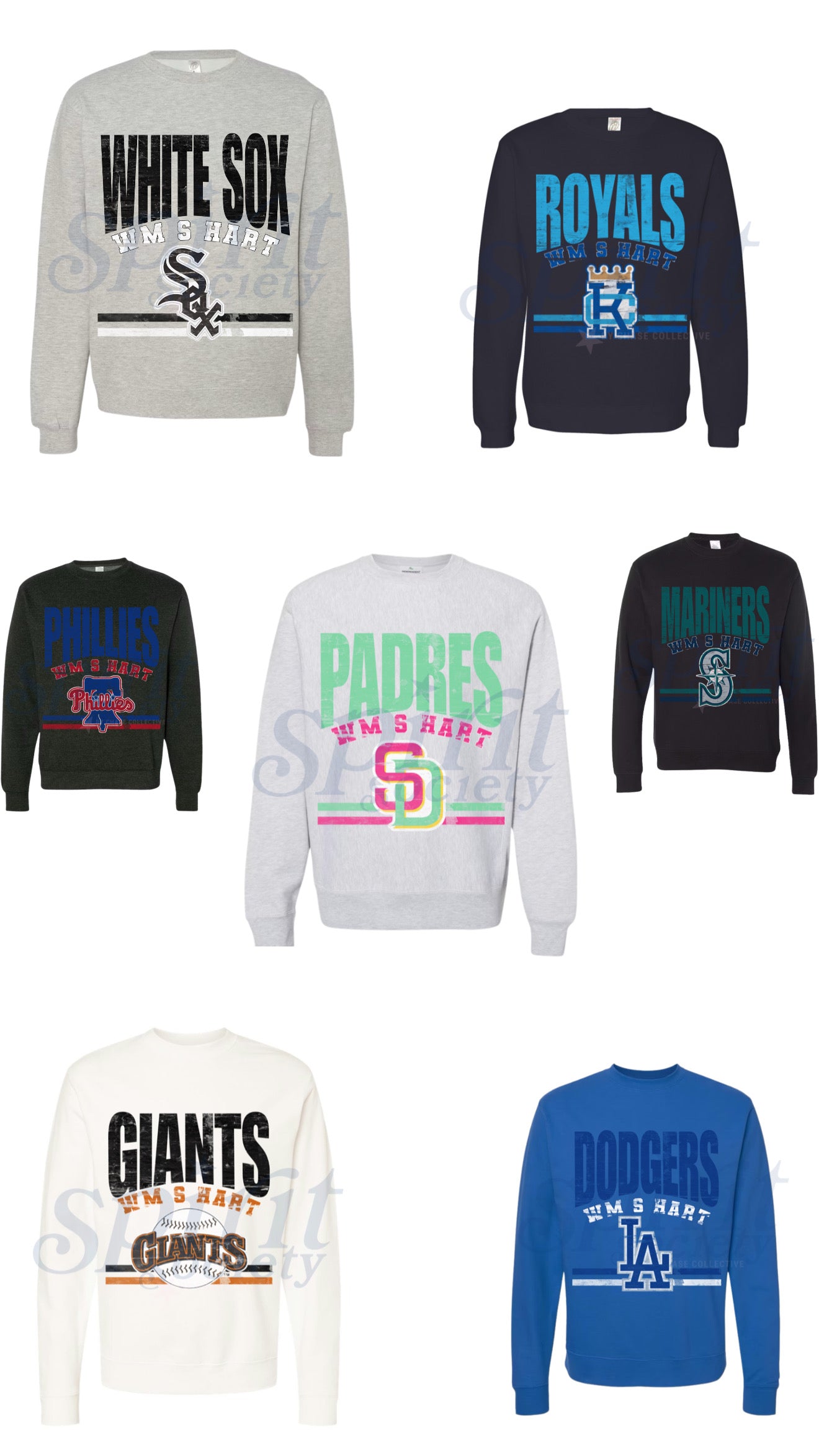Collection of sports-themed sweatshirts with various team logos and names.