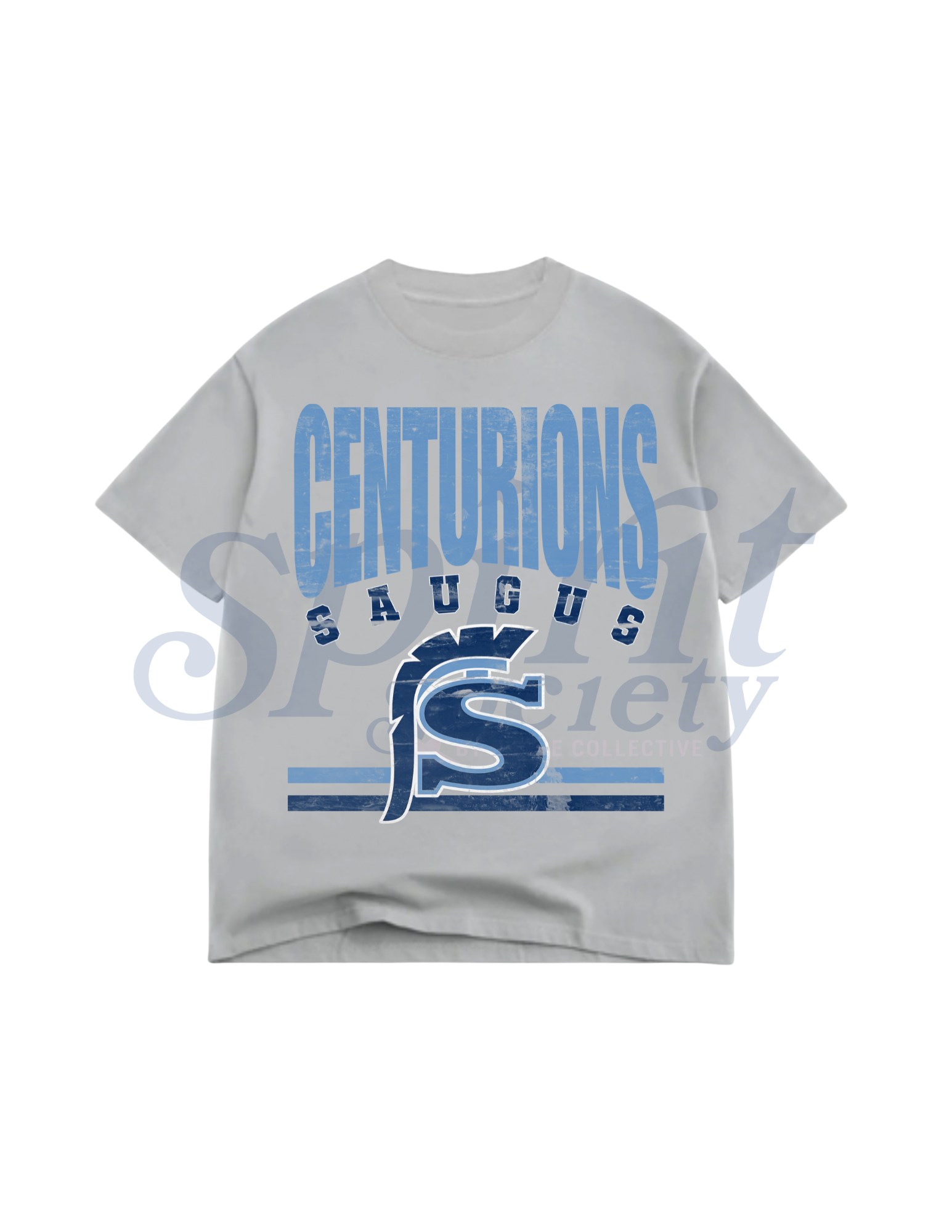 Gray t-shirt with blue 'CENTURIONS SAUGUS' text and logo on a white background