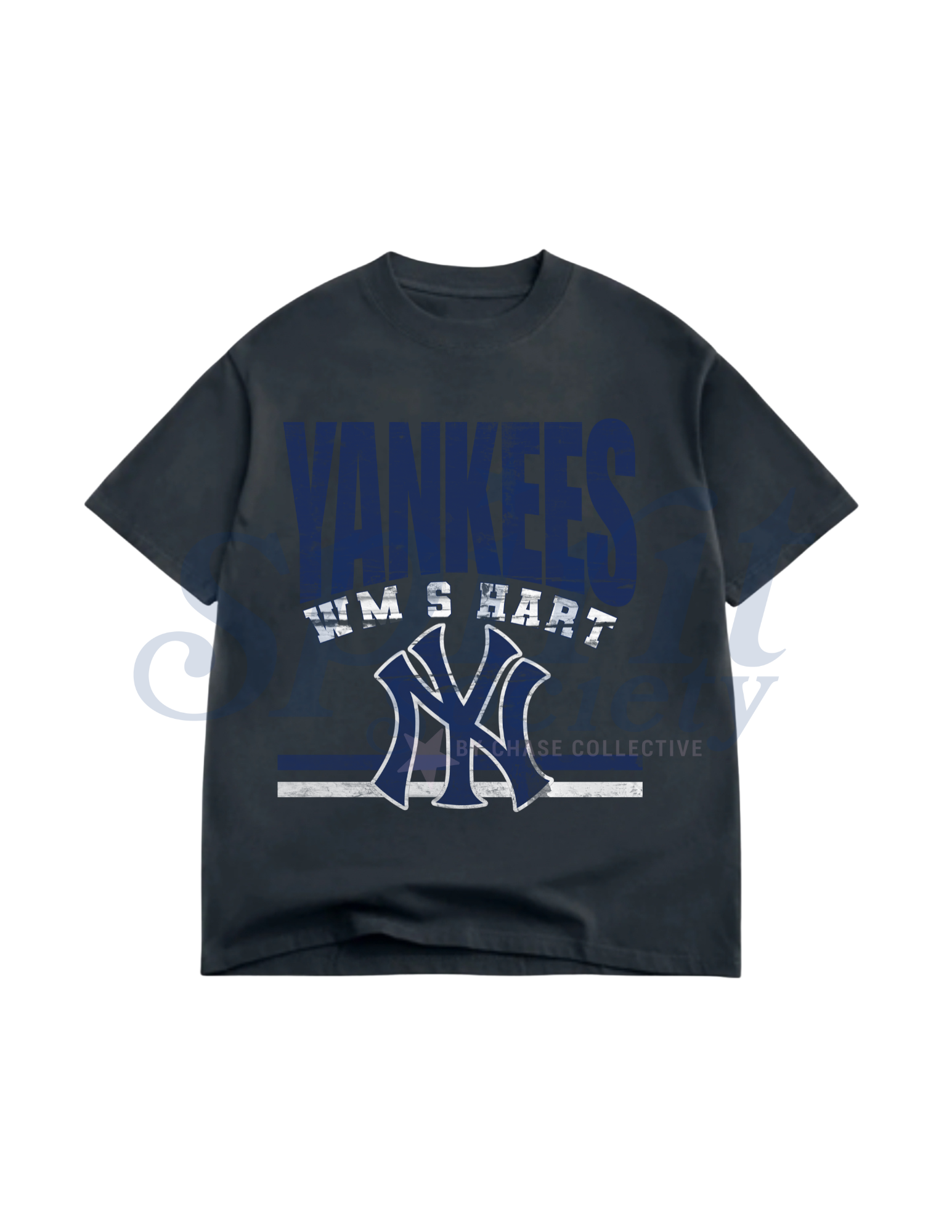 Black t-shirt with 'Yankees' and 'WM'S HART' text on a white background
