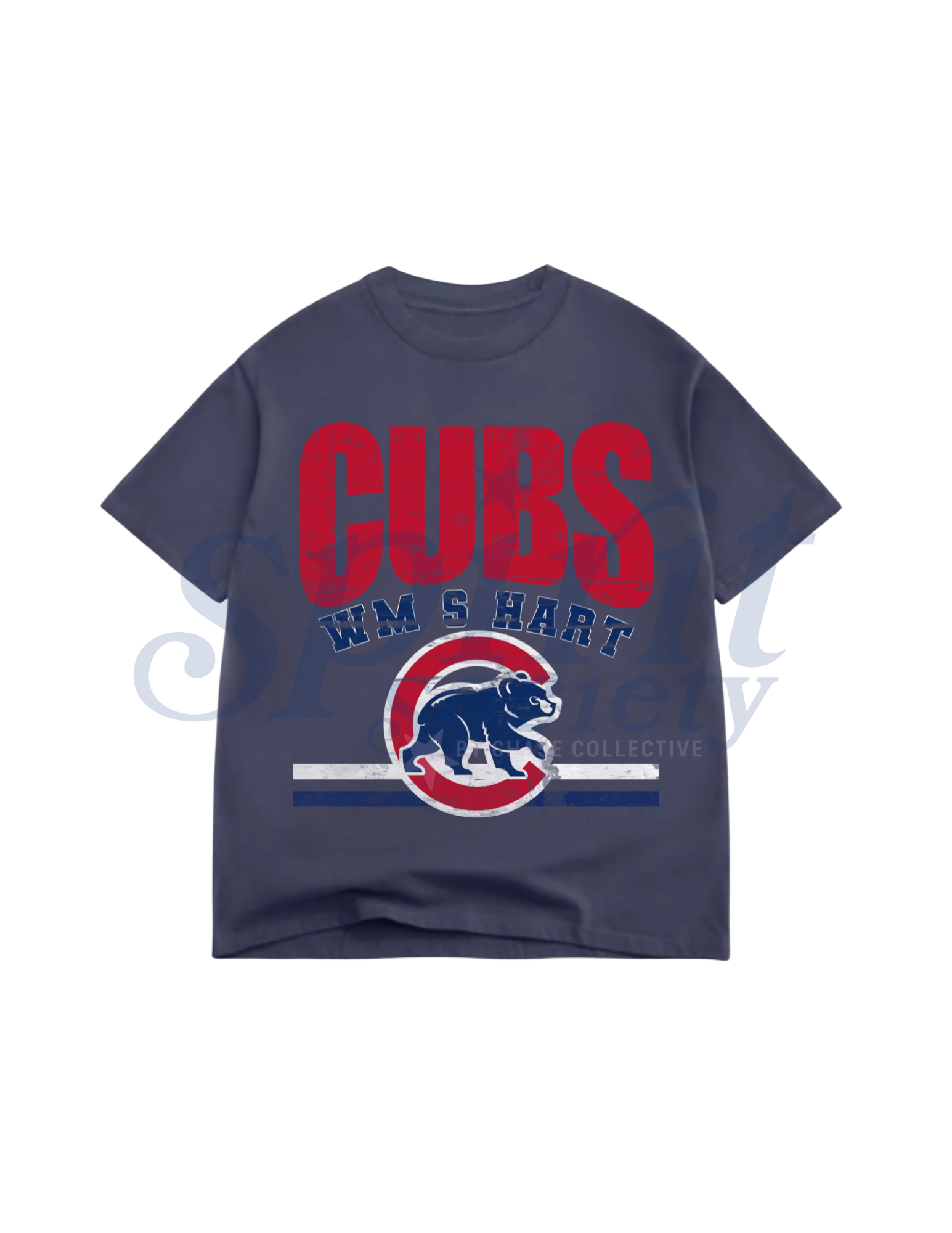 Navy blue t-shirt with red 'Cubs' text and logo on a white background
