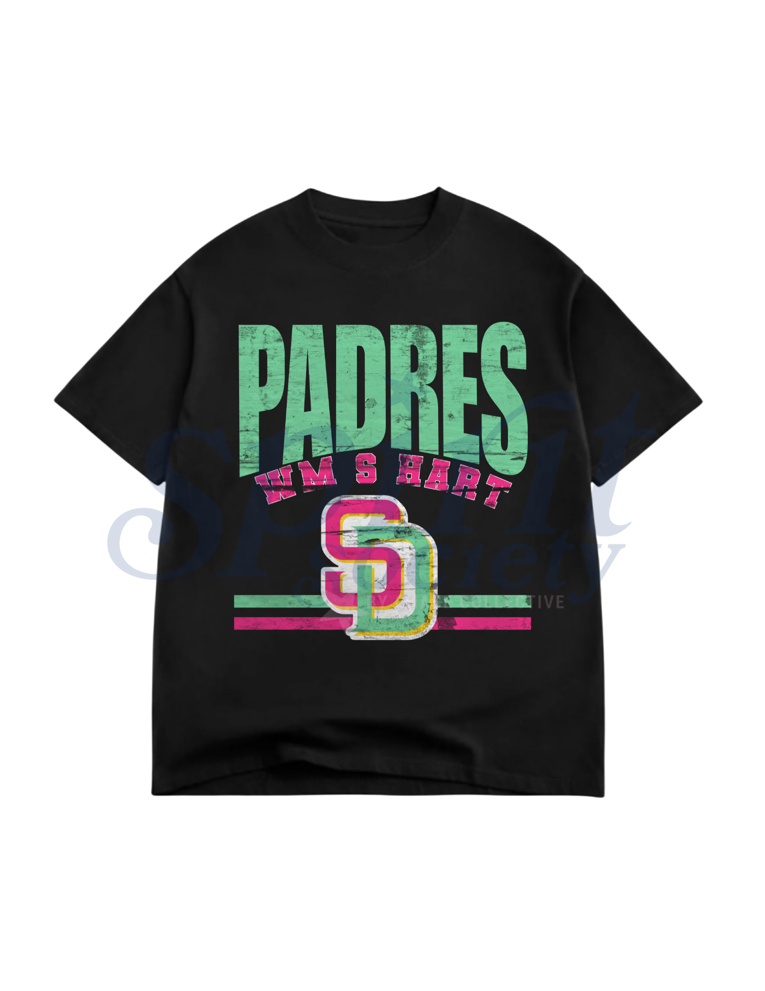 Black t-shirt with 'Padres' and logo on a white background