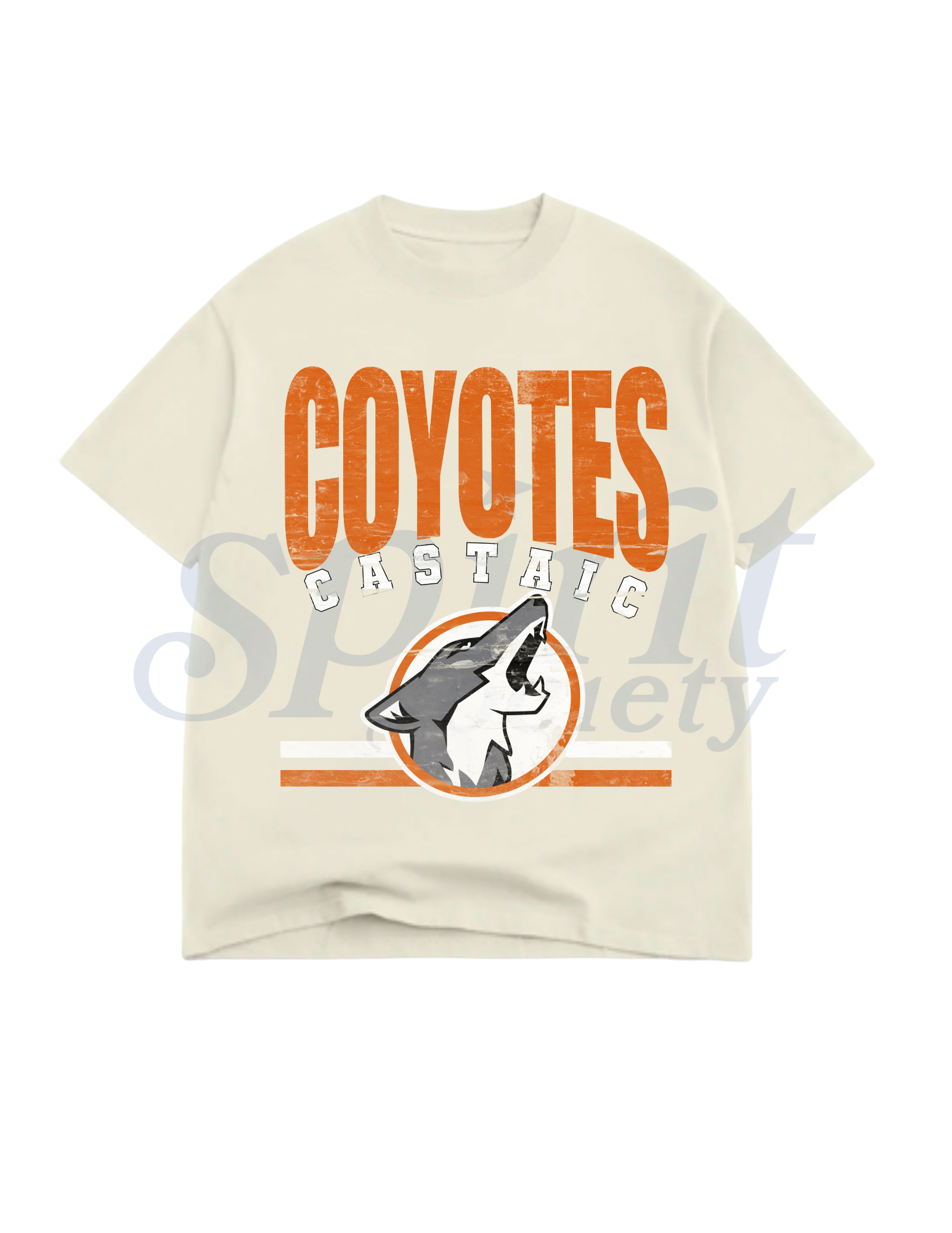 Beige t-shirt with 'COYOTES CASTIG' graphic design on a white background