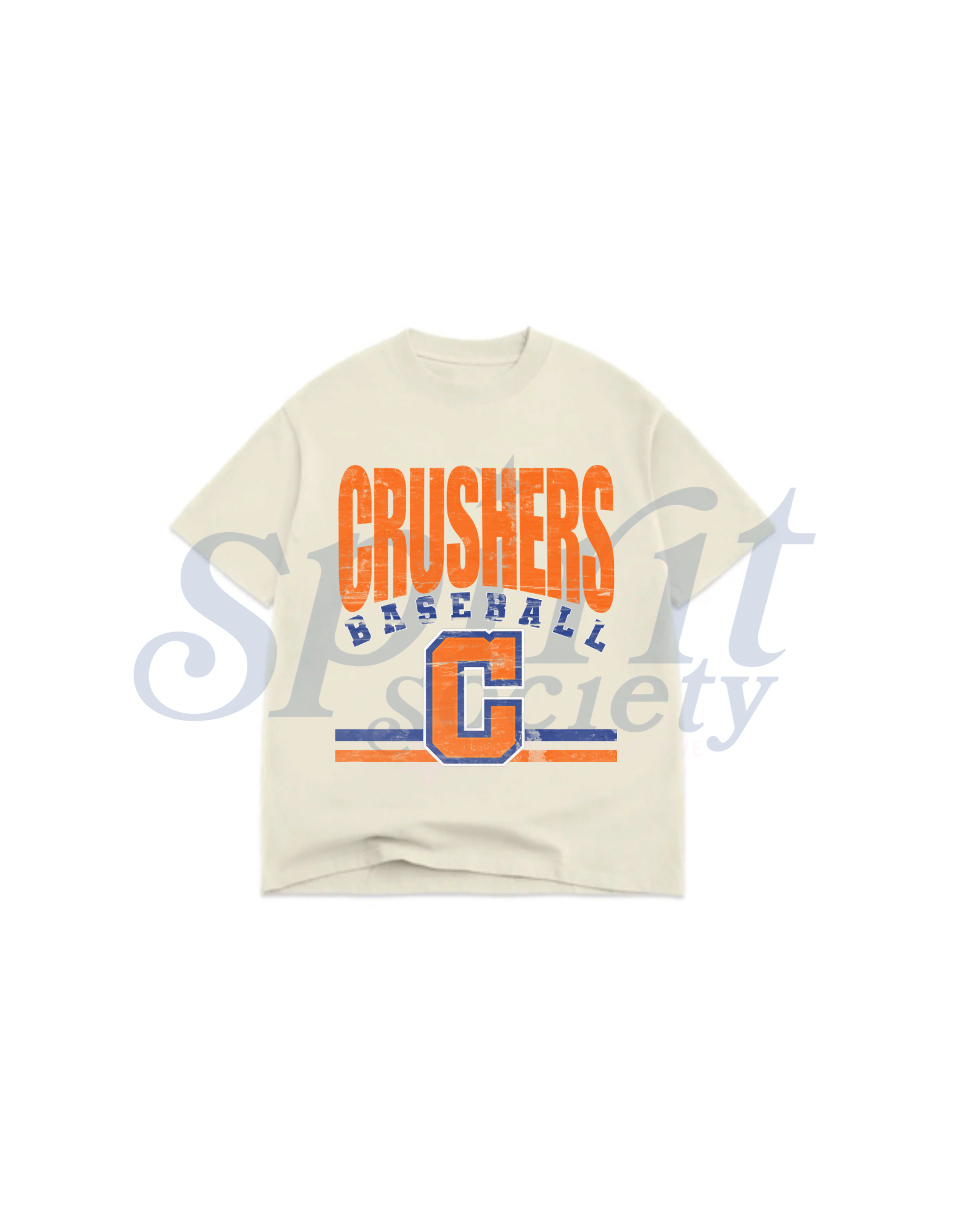 Beige t-shirt with 'CRUSHERS BASEBALL' text and logo on a white background